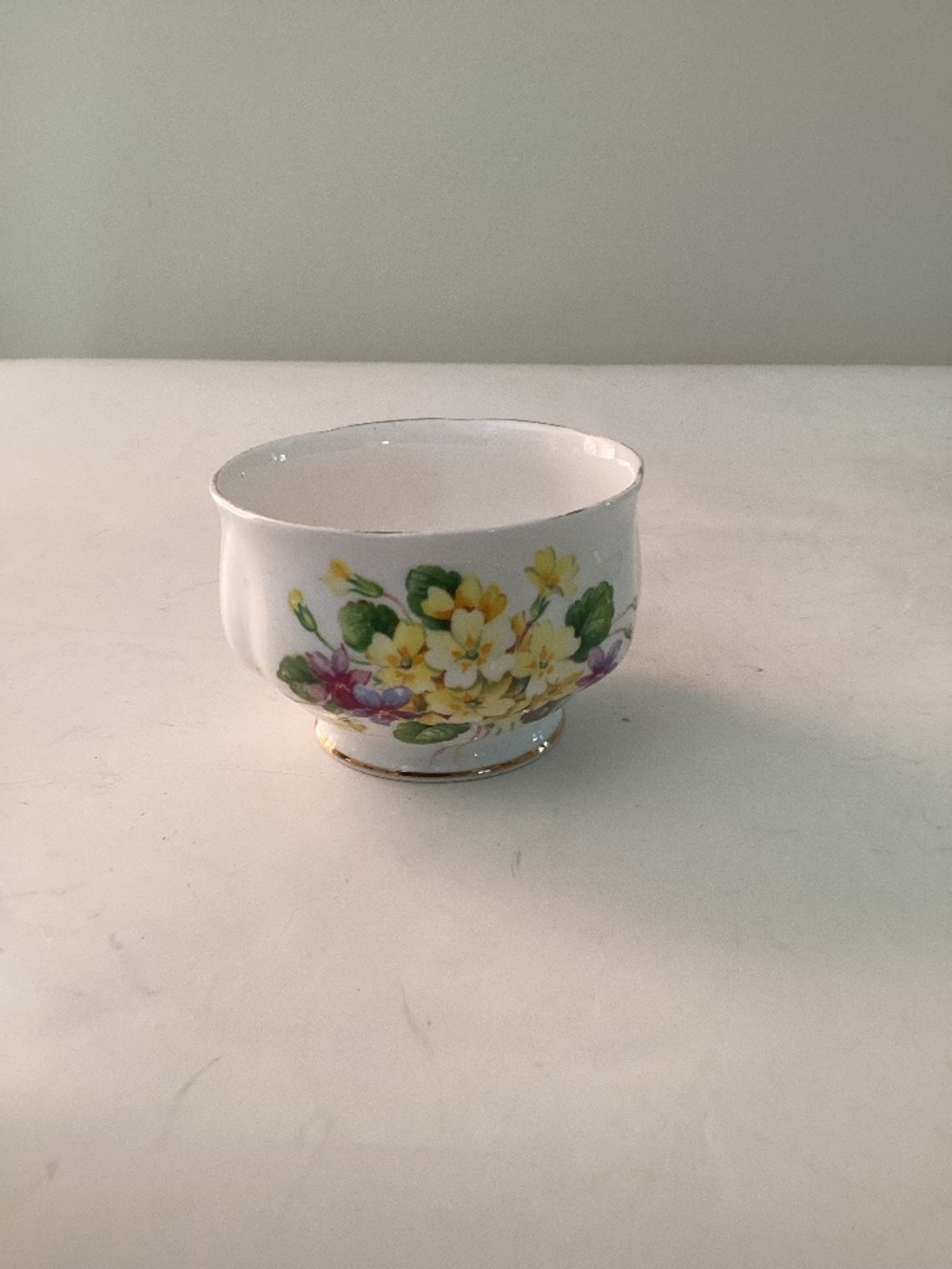 Royal Albert Primulette mini open sugar bowl in white, purple, yellow